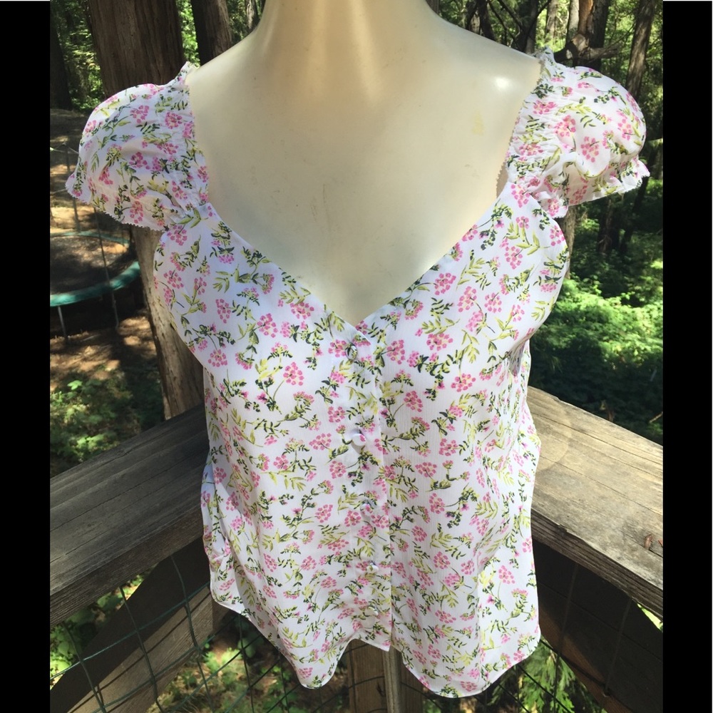 J. Crew pink floral on white chiffon  corset peasant top rose  puff sleeve